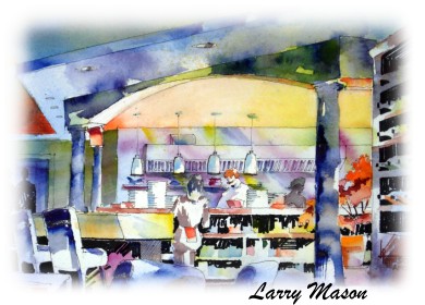 Painting of the onyx bar and kitchen